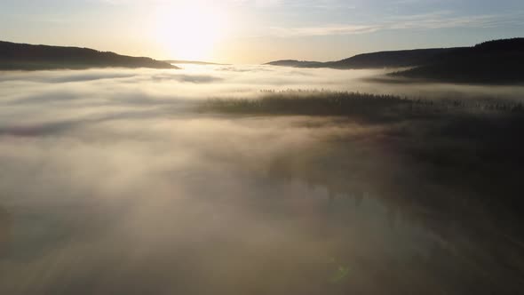 Aerial view of sunrise with fog above lake Schluchsee, Germany alt