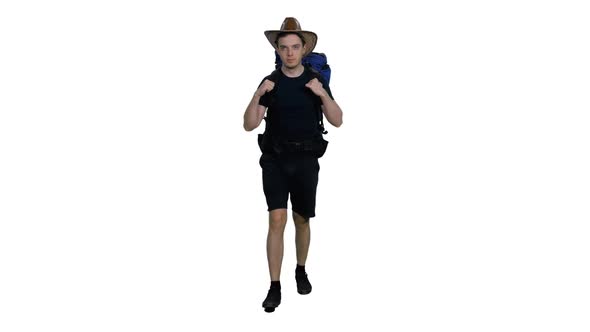 Young Camper in Black T-shirt and Cowboy Hat Walking with Backpack, Alpha in