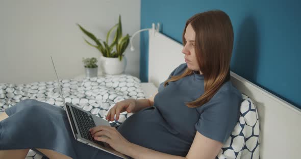 Young Pregnant Woman Work on a Laptop Lying Down on Bed in Domestic Environment alt