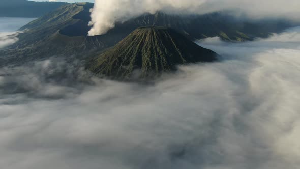 Aerial Shot of Mountain Bromo Active Volcano Crater in East Java Indonesia