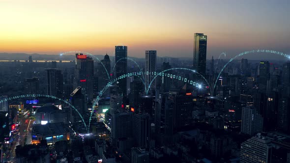 smart Connected city skyline. Futuristic network concept, city Technology. alt