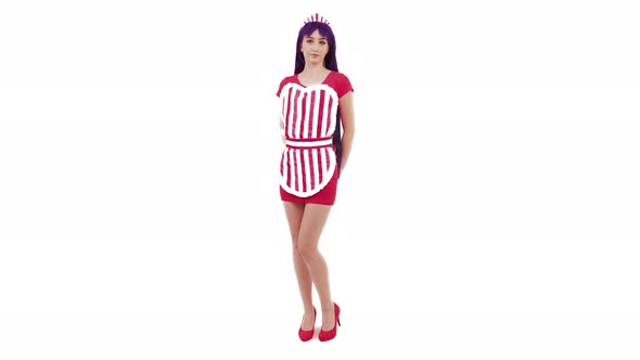 Caucasian Sailor Mars Woman Cosplayer Waiting With Her Hands Behind The Back White Background Full alt