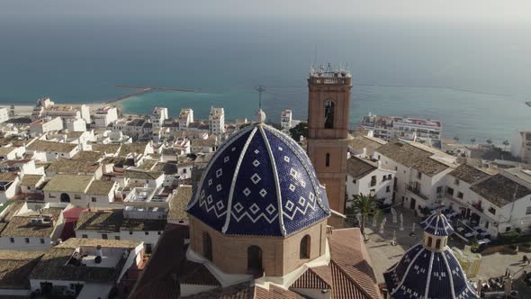 Aerial Drone Flyover Coastal Altea Old Quarter Cathedral And Cityscape, Spain alt