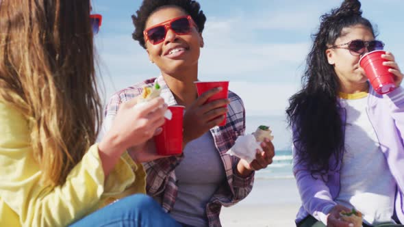 Happy group of diverse female friends having fun, having picnic at the beach alt