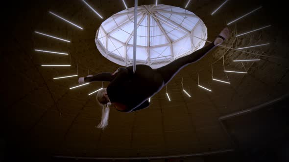 Gymnast Female Equilibrist Upside Down Splits Hang on Aerial Hoop