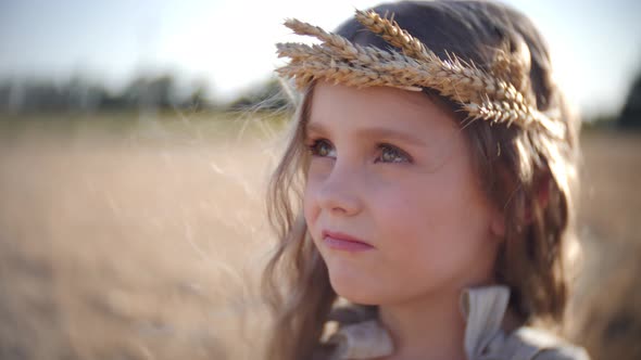 Serious Sad Girl a Child Stands on a Wheat Mown Field