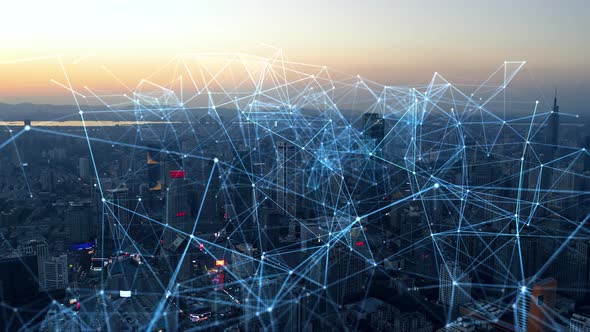 smart Connected city skyline. Futuristic network concept, city Technology. alt