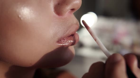 Close Up Process Accurate Application Beige Lipstick on Woman Lips in Fashion Studio alt