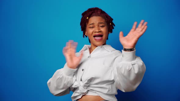 Dissatisfied Afro American Woman Showing Her Refusal Denies Something Against Blue Background