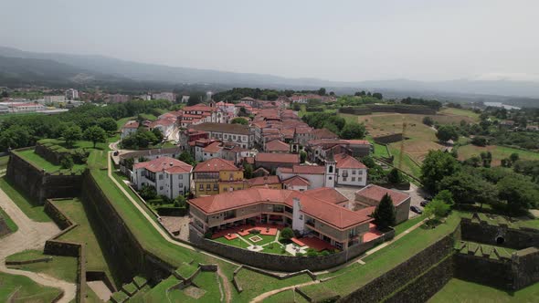 Aerial view of ancient fortress walls and village of Valença do Minho on sunny day. Border Portugal alt