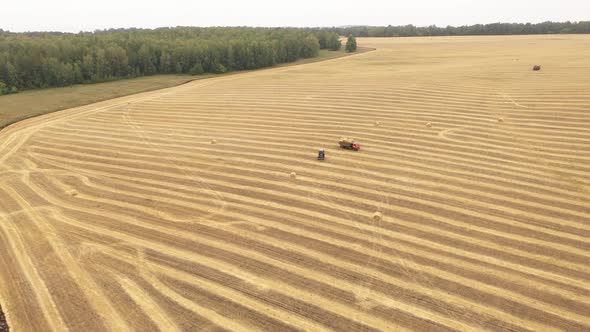 Helicopter View Agricultural Machinery Working in the Field Harvesting