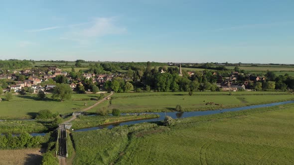 Aerial Slow Rise Denford Village River Nene Valley Northamptonshire Spring Season