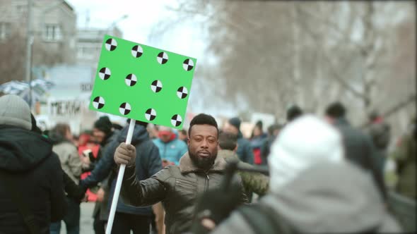 African American Man Walk. Afro Black Human, Crowd Fight on Political Strike alt