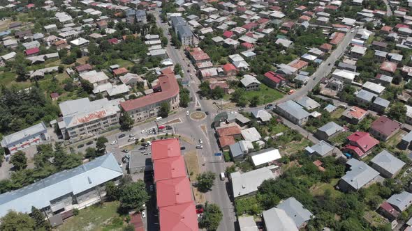 Aerial view of Telavi city center. flying over Batonis Tsikhe alt