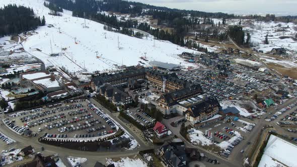Aerial view of ski and spa complex in Bialka Tatrzanska, Poland alt