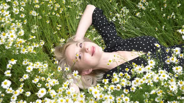 Above view at blonde woman in black dress lying in countryside chamomiles flowers meadow