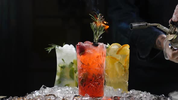 Serving Fresh Coctails with Culinary Torch. Burning Rosemary. Slow Motion. Roasting of Rosemary for alt