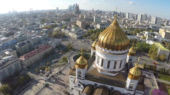 Cathedral of Christ the Saviour with shining domes, aerial view alt