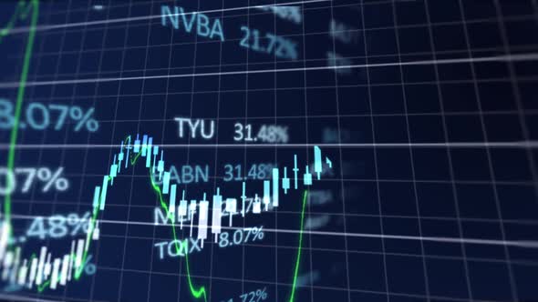 Animation of stock market display with stock market tickers and graphs 4k alt