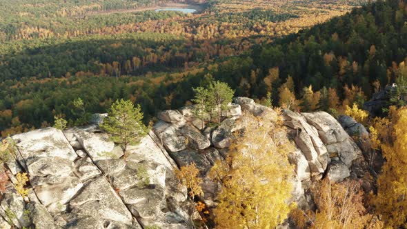 Aerial View of the Lake in the Autumn Colorful Forest Near the Hills and Mountains alt