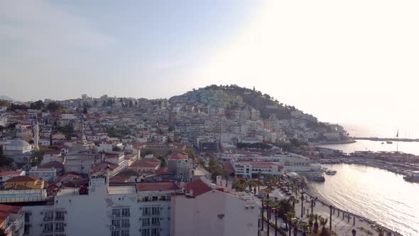 Historic Resort Town Of Kusadasi On Turkey's Aegean Coast Within Aydin City. Aerial Tilt-up alt