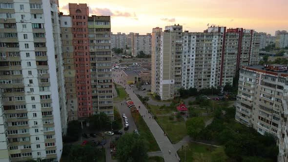 Aerial view in between old soviet architecture buildings, in a poor ghetto district of Kyiv, during alt