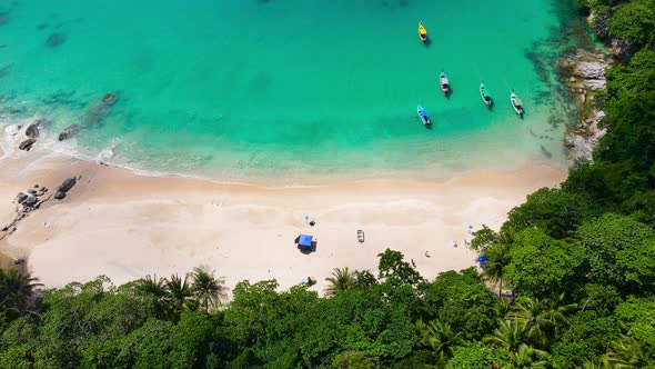 Aerial view Turquoise beach sea sand travel tourism concept. Seawater wave and surf on sandy alt