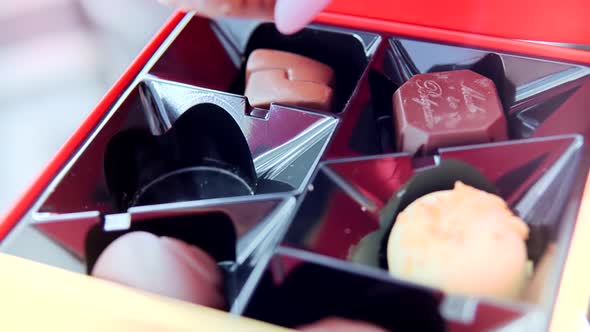 Woman Eat Yummy Delicious Chocolate Candies Praline. Sweet Food Dessert Praline. Mixed Chocolate Box alt