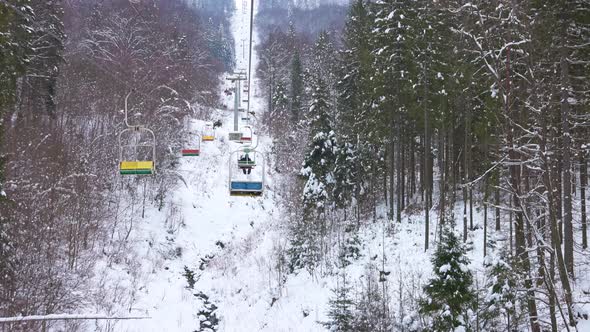 High View From the Ski Lift Above the Forest Path in the Beautiful Carpathian Mountains alt