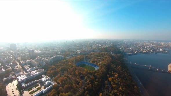 FPV Flight Over the Public Park on the Embankment of Kiev in the Autumn