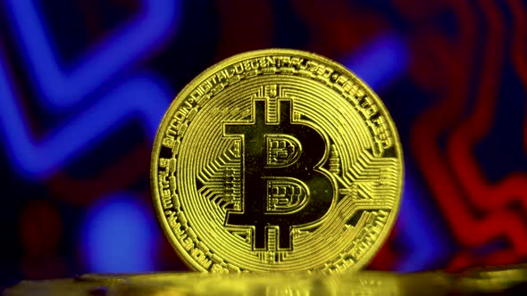 Macro Shot of Golden Bitcoin with Blockchain Background