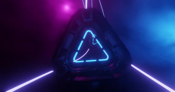 Abstract neon lights flying into triangular tunnel loop