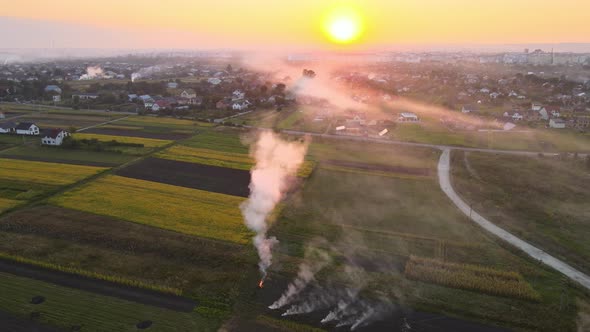 Aerial View of Agricultural Waste Bonfires From Dry Grass and Straw Stubble Burning with Thick Smoke alt