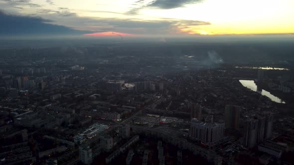 Aerial Kharkiv city center, epic sunset evening