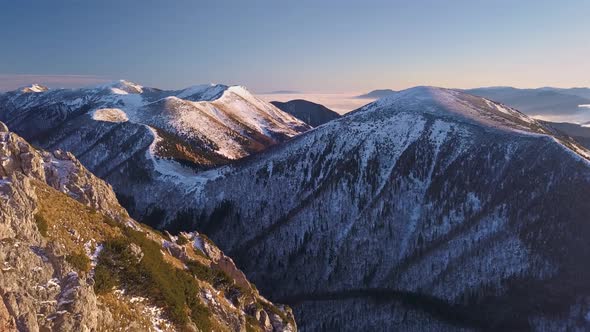 Cold Sunny Morning in Alpine Mountains Landscape in Early Spring Nature