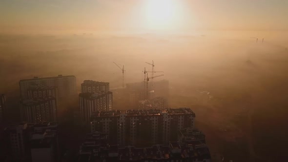 Morning Flight at Dawn Over the Construction of Houses, Beautiful View