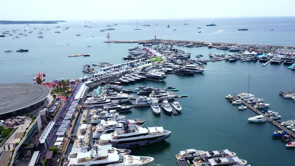 Panorama from the air of the Cannes 4K Yachting Festival - September 11, 2021