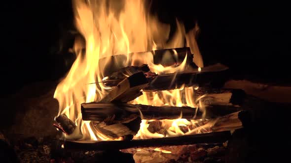 Slow Motion of Burning Campfire at Night