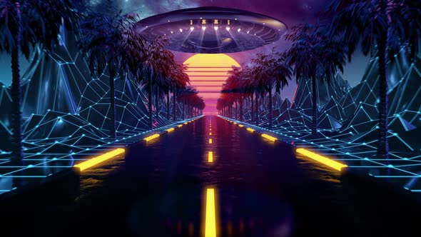 80s Retro Futuristic Scifi VJ Landscape with Neon UFO Lights