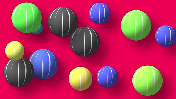 Abstract colorful background with flying or floating simple geometric forms. 3d sphere animation.