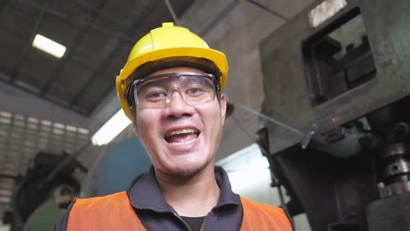 First person view Asian leader engineer satisfy thumbs up cheerful employee success job alt