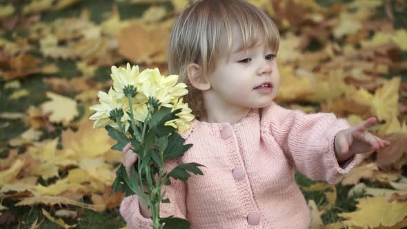 Little girl smiles and holds bouquet of yellow chrysanthemums on background of autumn landscape.