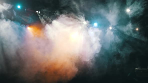 Blue flare light beam with smoke and dust particle effect abstract background. concert lighting.