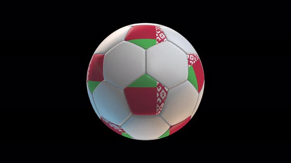 Soccer ball with flag Belarus, on black background loop alpha