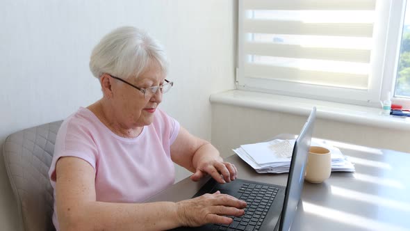 Financial problems. Disappointed senior lady reading document, working with documents and laptop alt