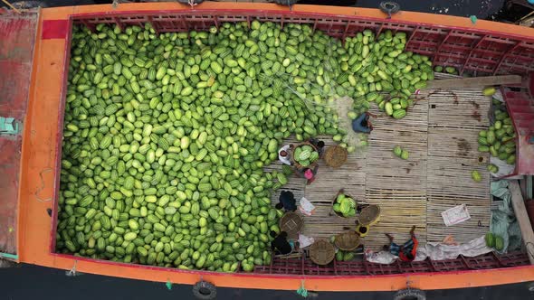 Aerial view of people among the watermelons at work on the Buriganga River. alt