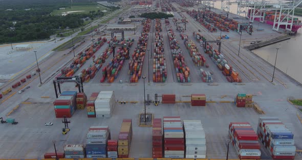 Aerial establishing shot of large shipping port in La Porte, Texas alt