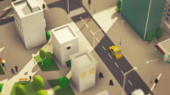 Aerial view of the low poly cityscape. The camera is following a taxi car. alt