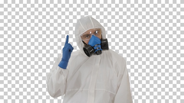Male doctor in hazamat suit making victory gestures, Alpha Channel alt