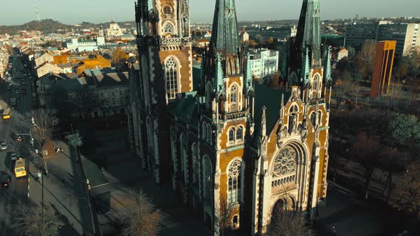 Aerial Footage From Flying Drone Over Historical Center of Church of St alt